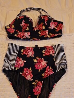 torrid Black Bikini Set with Pink Floral & Stripe Trim